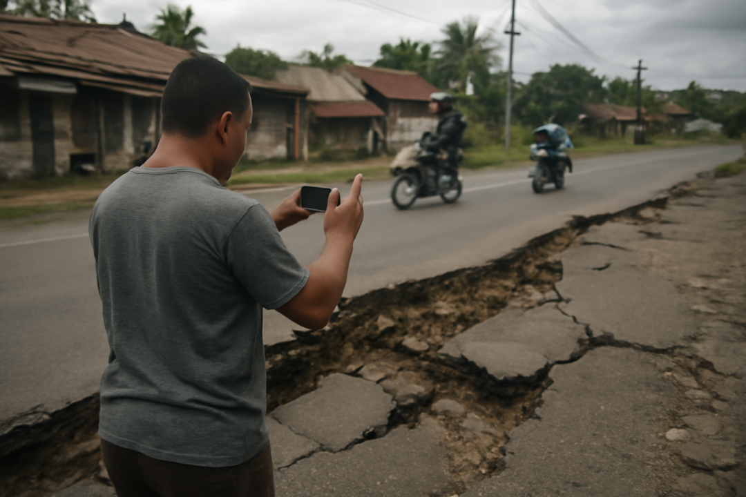 Warga memotret kondisi jalan rusak di sebuah kota kecil Sumatera Utara untuk dilaporkan ke media lokal
