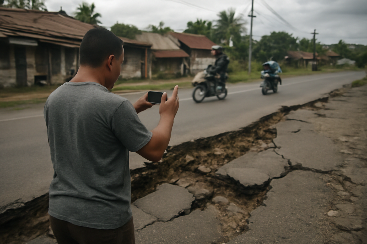 Warga memotret kondisi jalan rusak di sebuah kota kecil Sumatera Utara untuk dilaporkan ke media lokal