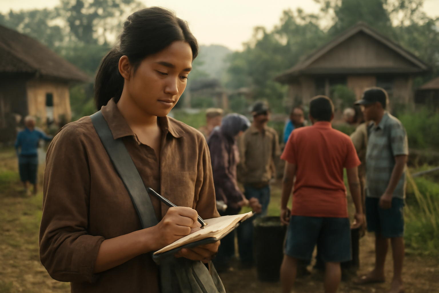 Pemuda mencatat di buku sambil mengamati kegiatan warga desa di Sipirok