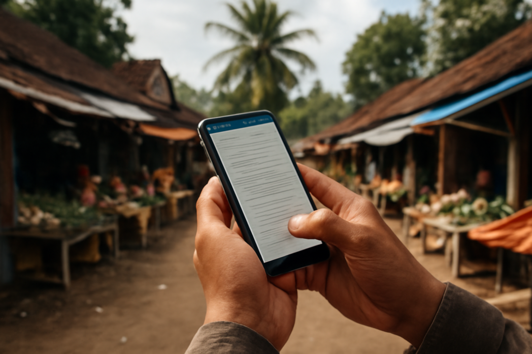 Seseorang memeriksa pesan kabar lokal di ponsel sebelum memverifikasi informasinya