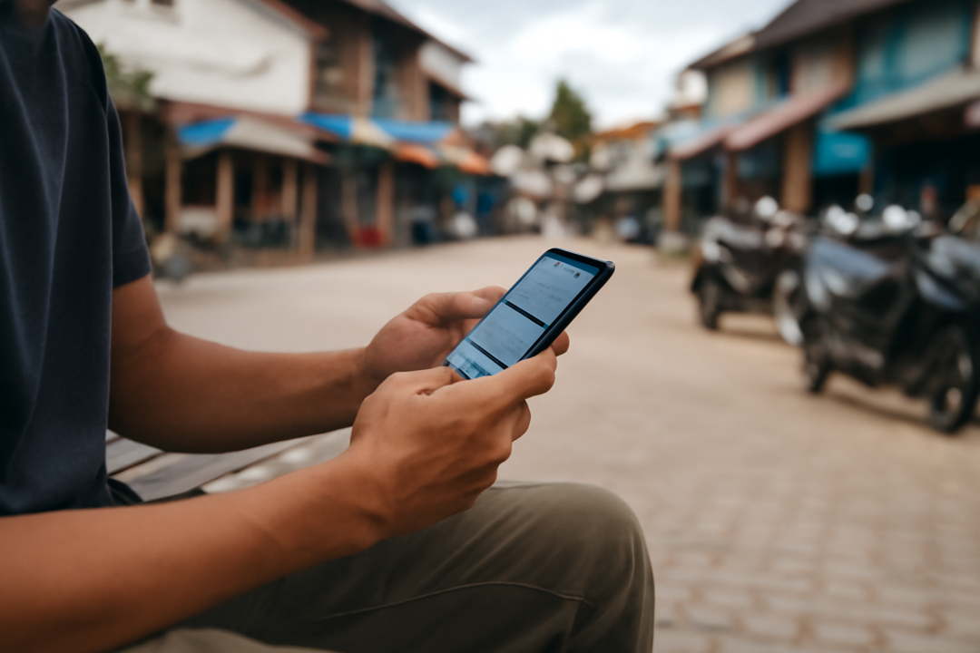Seseorang memeriksa akun media sosial di ponsel untuk memverifikasi kabar lokal Sipirok