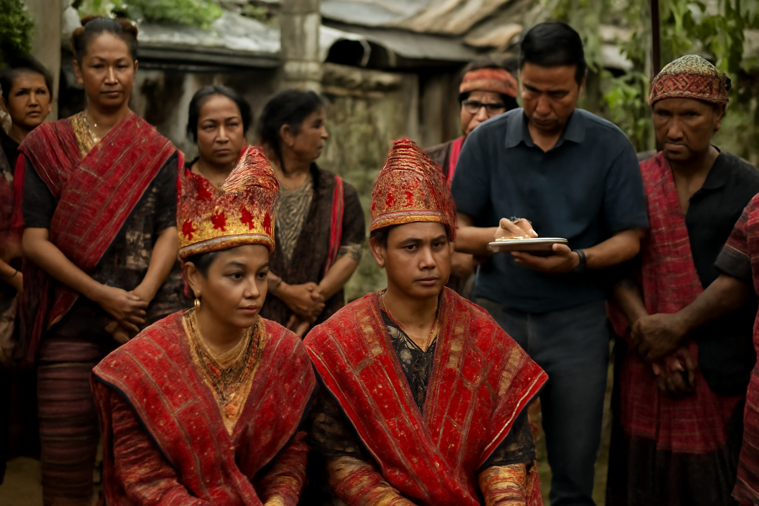 Suasana acara adat Sipirok dengan kain ulos dan warga setempat